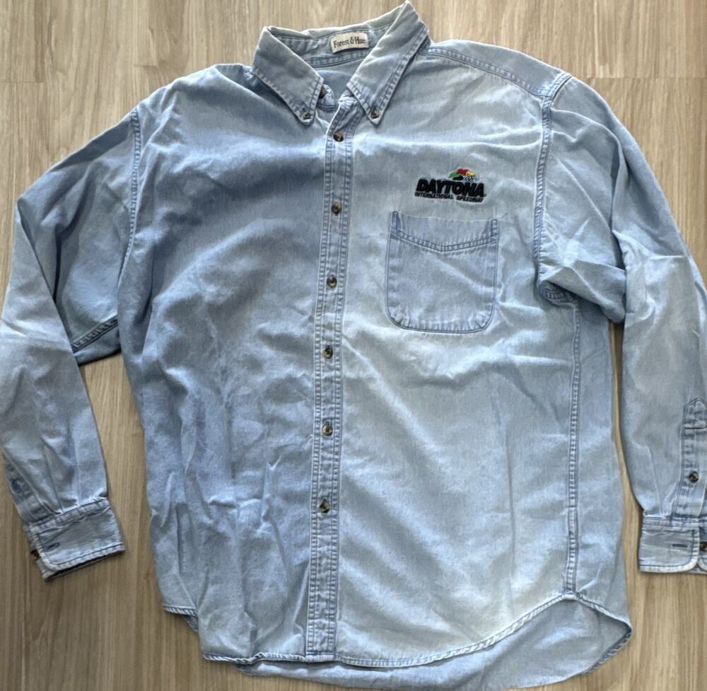 Forest & Hue XL Blue Cotton Denim Button-Up Shirt Daytona Embroidered Logo